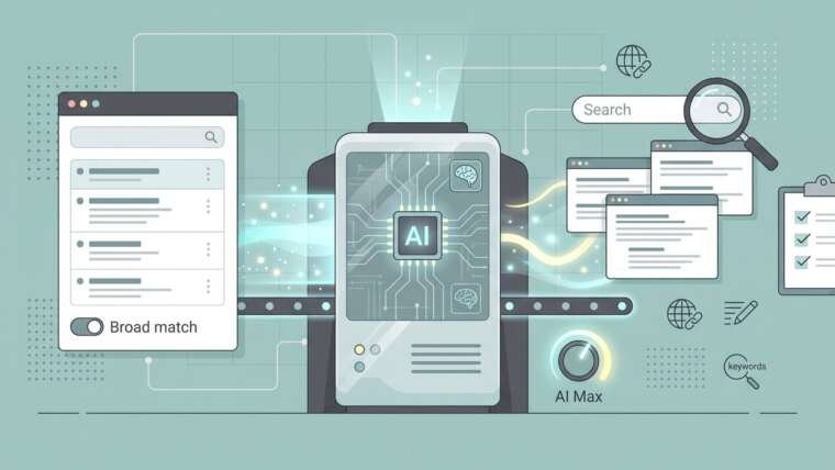 Illustrazione: una campagna Search con corrispondenza generica passa attraverso un motore di intelligenza artificiale e diventa AI Max, con annunci riscritti e una checklist di controllo